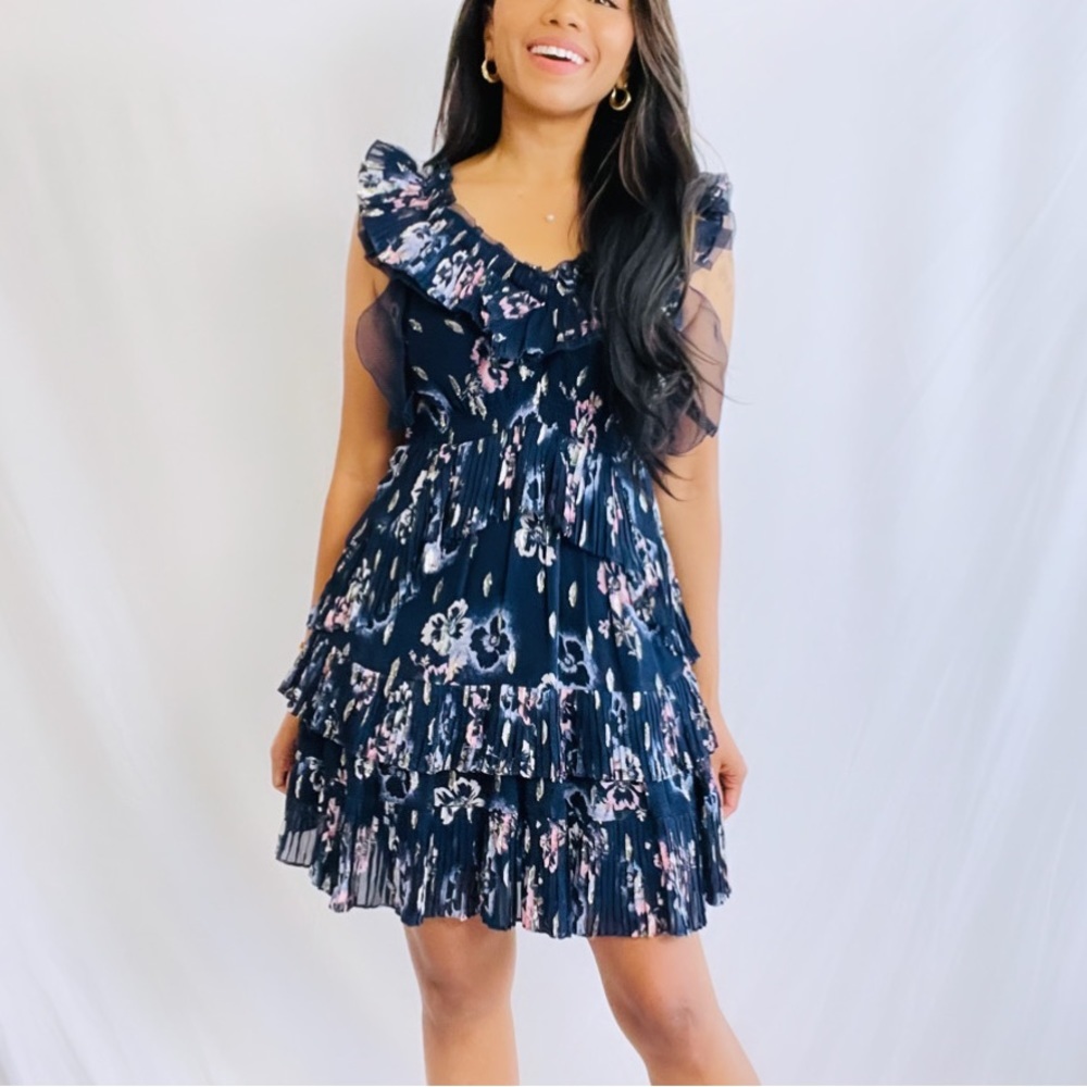 Rebecca Taylor | Navy Blue and Metallic Floral Ruffle Mini Cocktail Dress